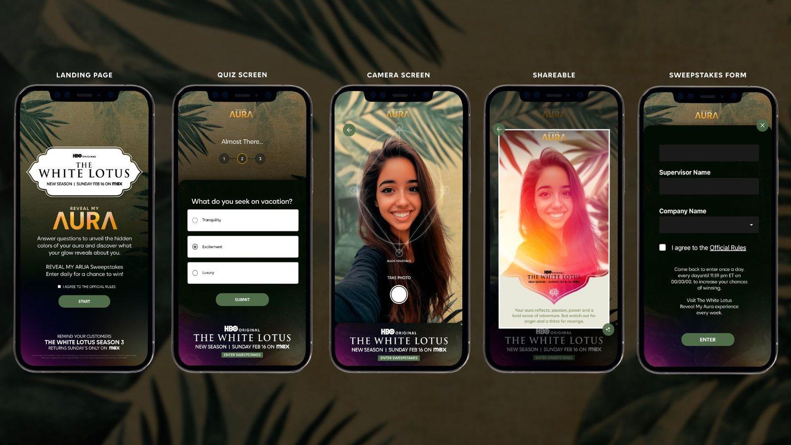 Reveal My Aura flow showing quiz, camera, generated portrait, sharing, and sweepstakes screens