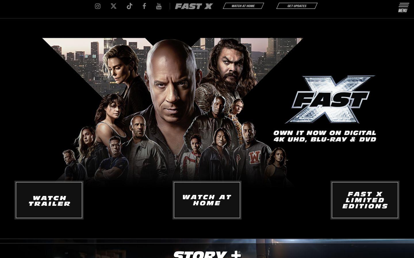 Live Fast X official movie website hero with the film cast and home-release artwork
