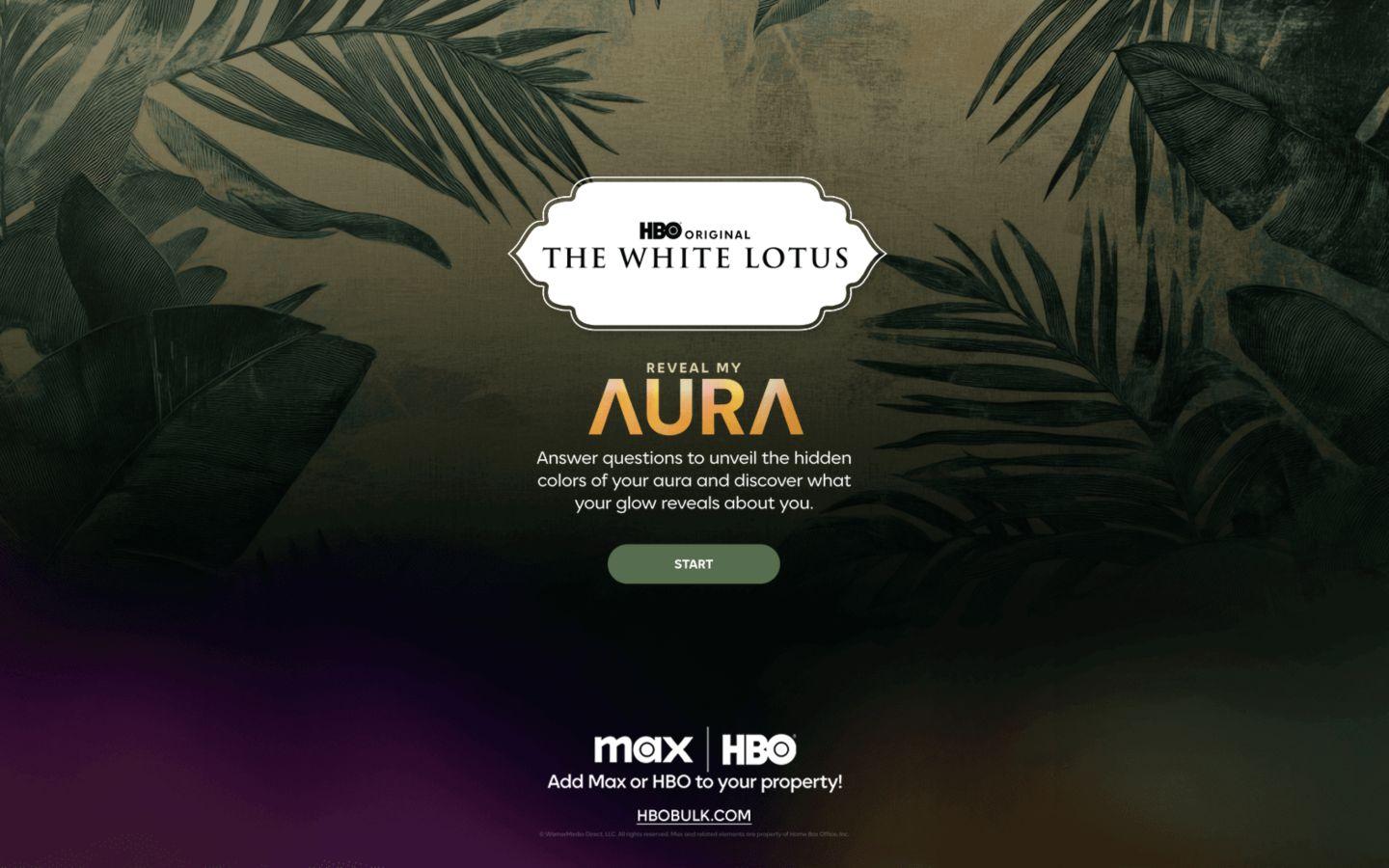 Live White Lotus Reveal My Aura experience entry with the HBO and Max marks fully visible