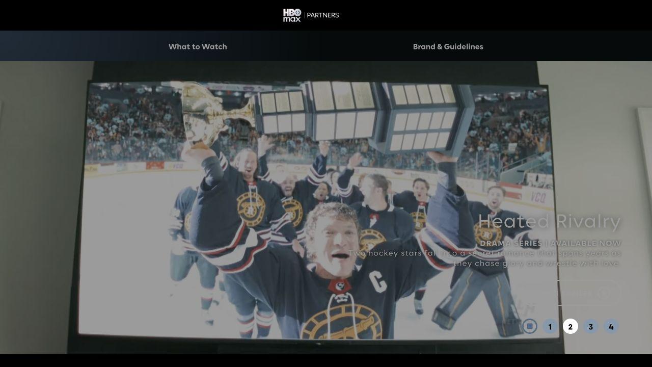 HBO Max Partners International home page with What to Watch and Brand and Guidelines navigation