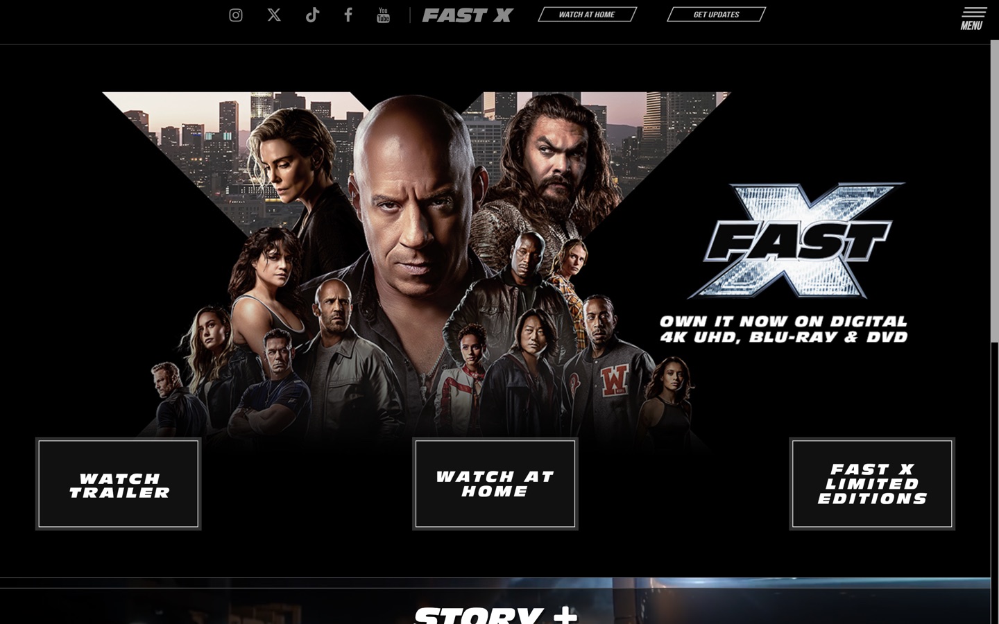Live Fast X official movie website homepage with the full cast key art