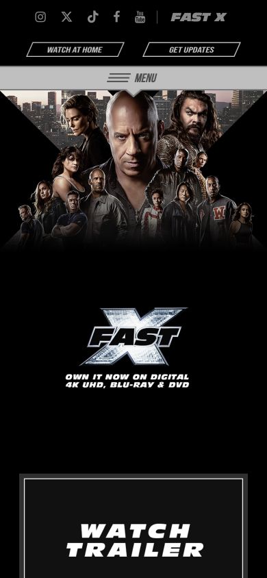 Mobile browser capture of the official Fast X movie site with the campaign branding intact