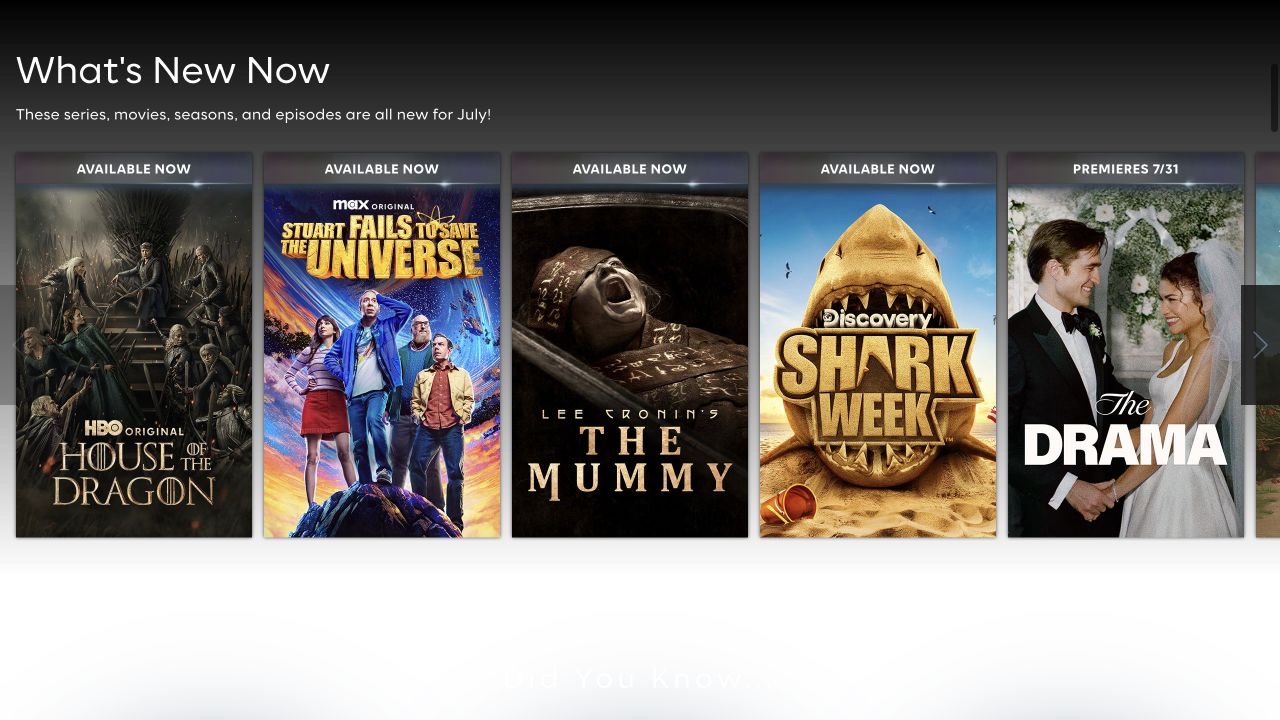 HBO Max Toolkit July 2026 What's New module with a row of current title cards