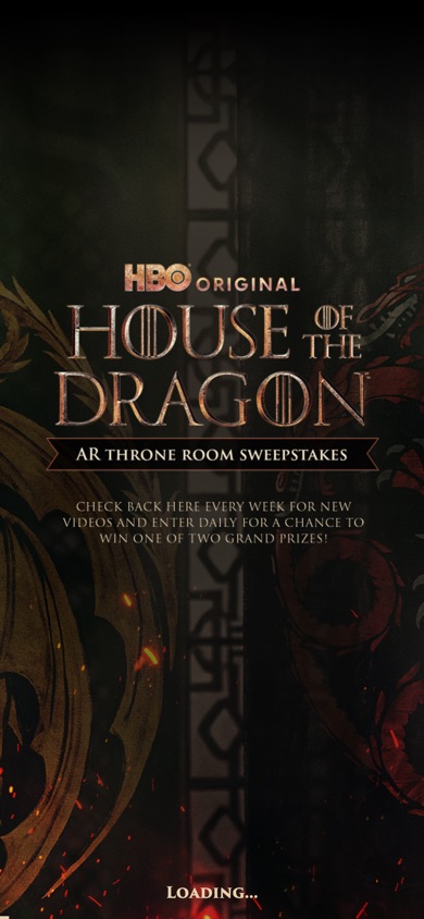 Live mobile browser entry screen for House of the Dragon Throne Room AR sweepstakes