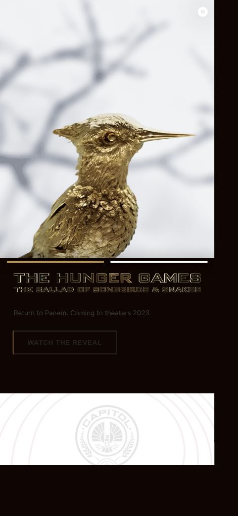 Mobile browser capture of The Hunger Games campaign homepage with the original responsive layout
