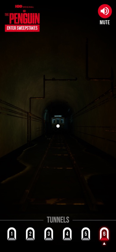 Live mobile browser capture of The Penguin Gotham Underground tunnel scene with a subway car ahead