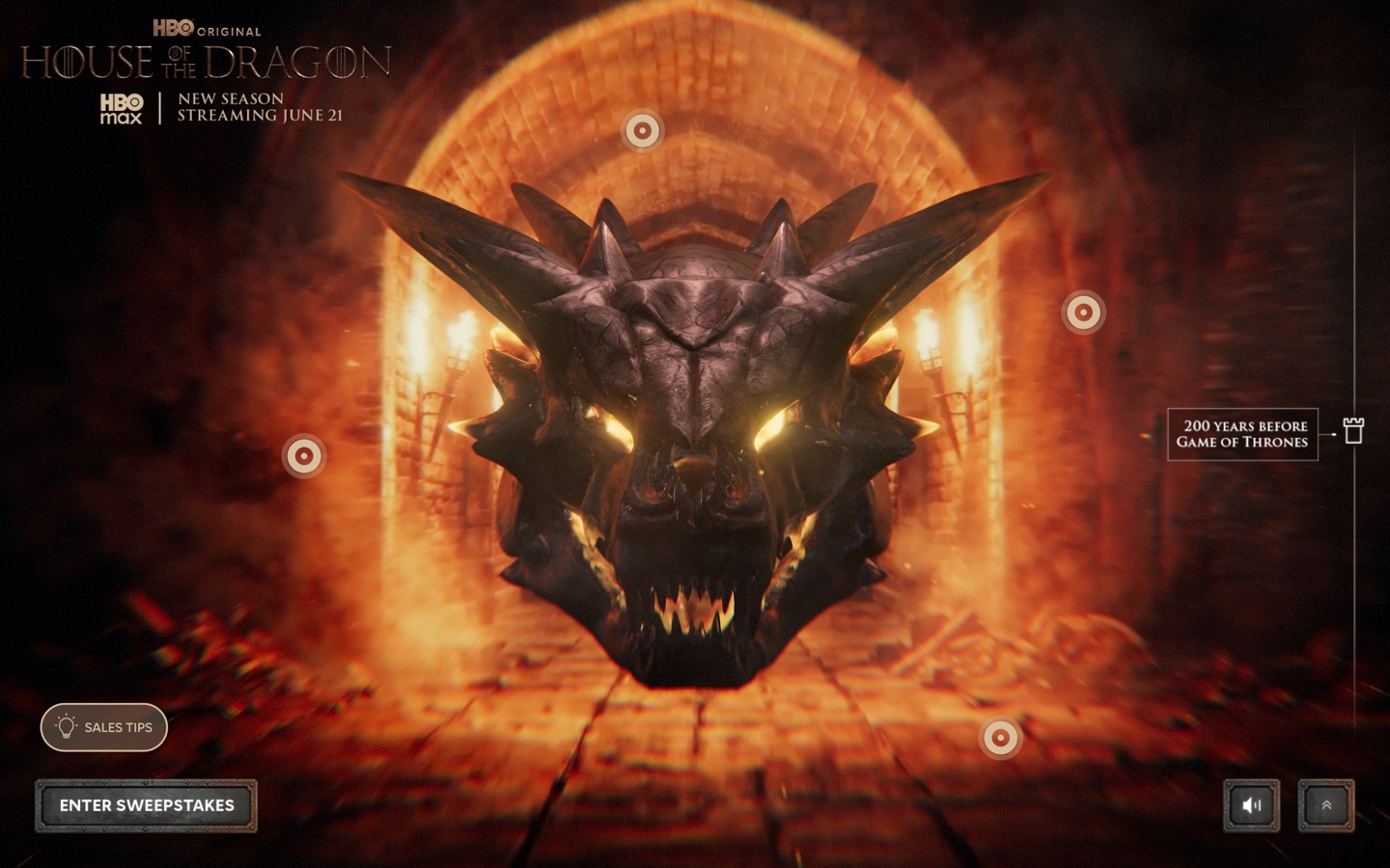 Live World of Westeros House of the Dragon scene with a dragon skull in a torch-lit tunnel and a sales-tips prompt