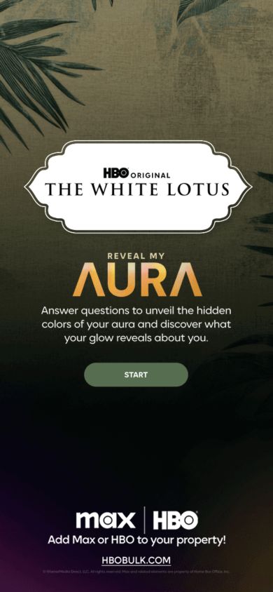 Mobile browser capture of The White Lotus Reveal My Aura experience with its full campaign framing